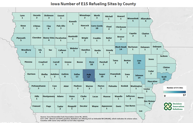 Iowa Number of E15 Refueling Sites by County