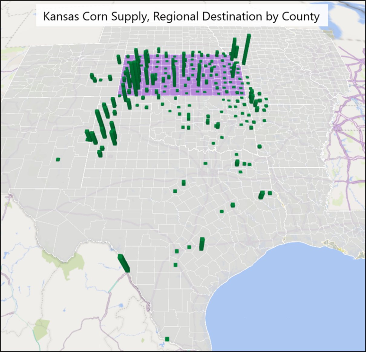 Kansas Corn Supply, Regional Destination by County