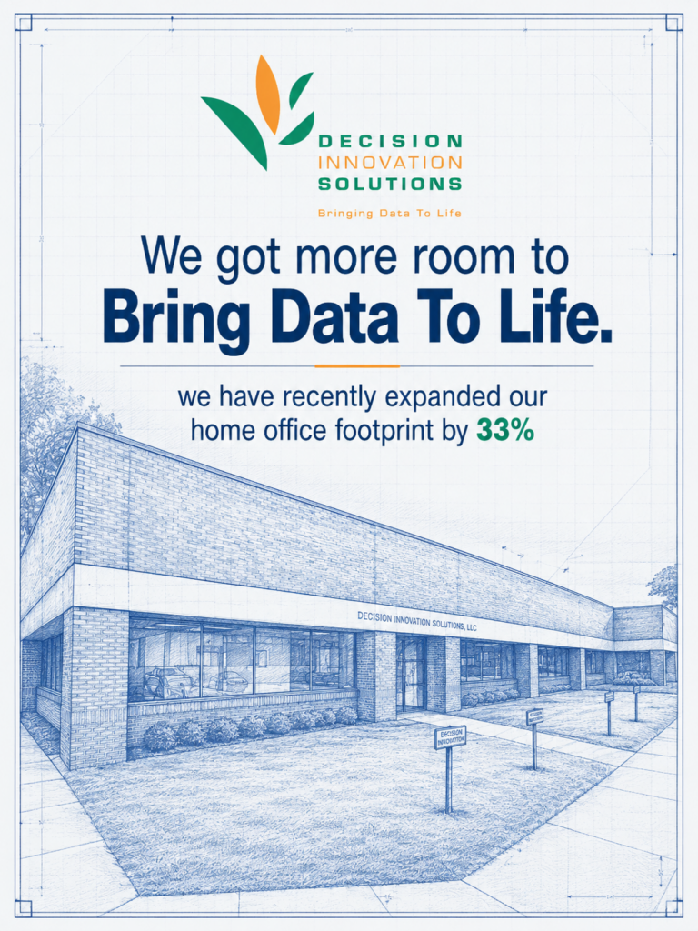 Promotional graphic for Decision Innovation Solutions with a blue office sketch highlights a 33 percent home office expansion and new slogan.