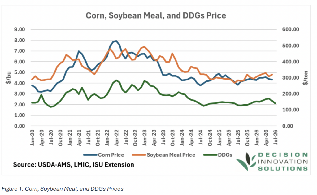 Line chart depicting Corn Soybean Meal and DDGs prices from January 2020 to April 2026 Soybean Meal stays highest reaching a peak in 2022 Corn peaks around mid-2021 and DDGs prices are consistently the lowest.